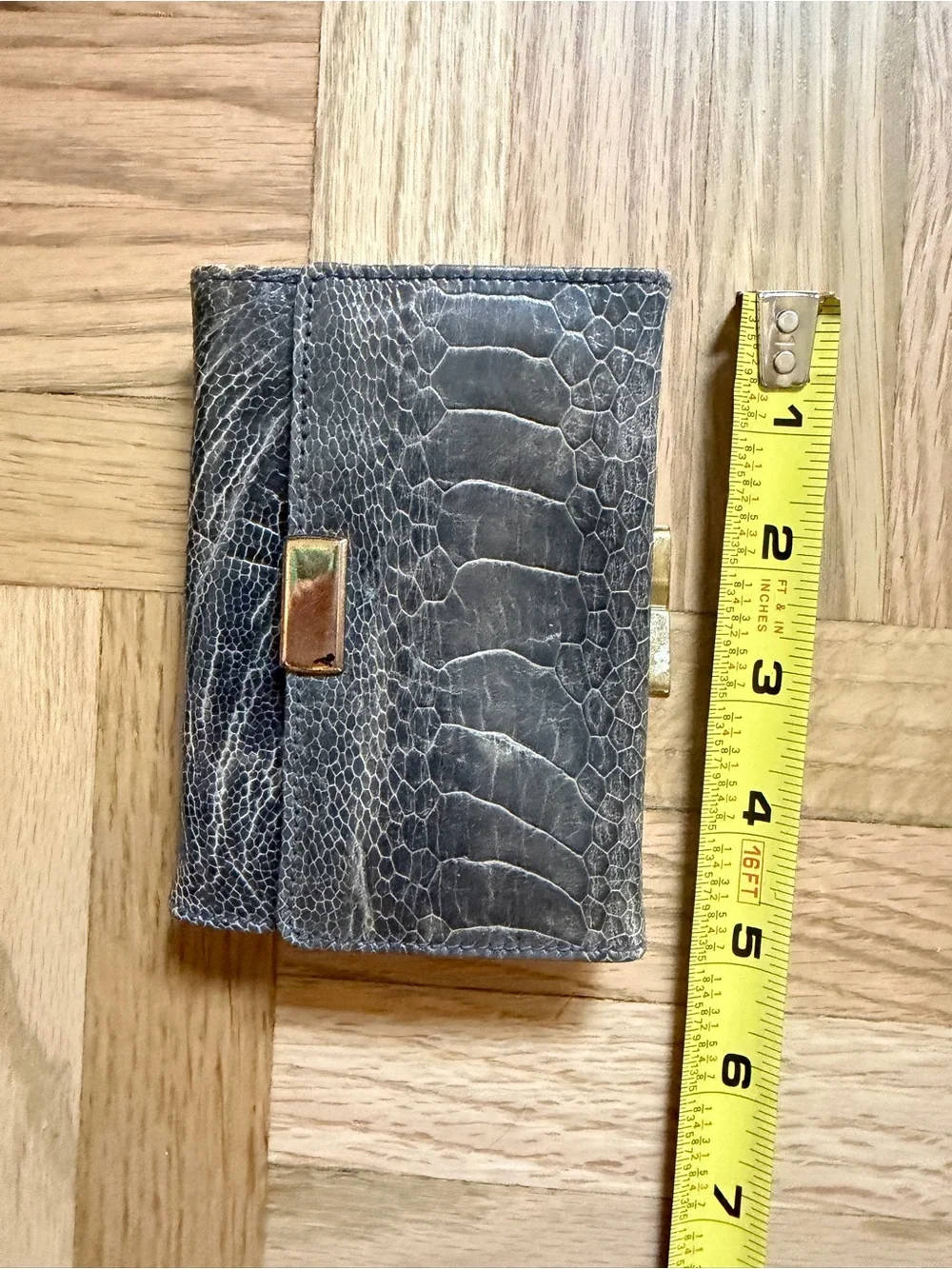 Vintage 1950s Grey Ostrich Leather Card Wallet with Gold Accent